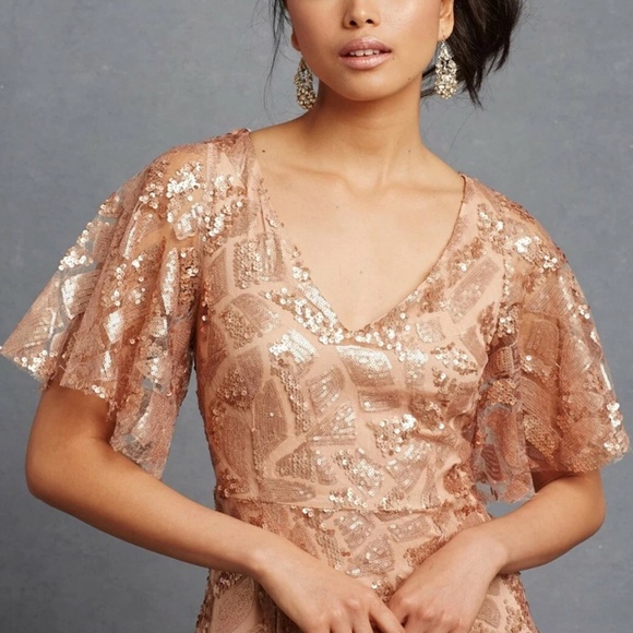 DONNA MORGAN Camilla Sequin Flutter Sleeve Gown OYSTER 10 Sequin Rose Gold - Picture 15 of 16